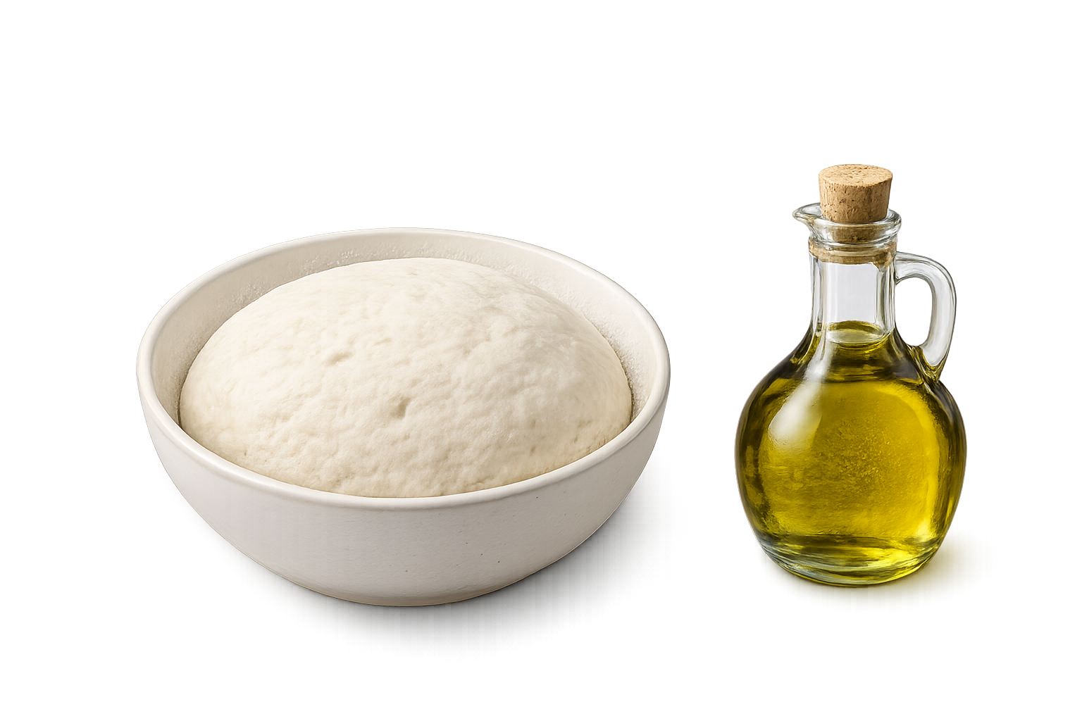 Bowl with dough ball beside an olive oil bottle