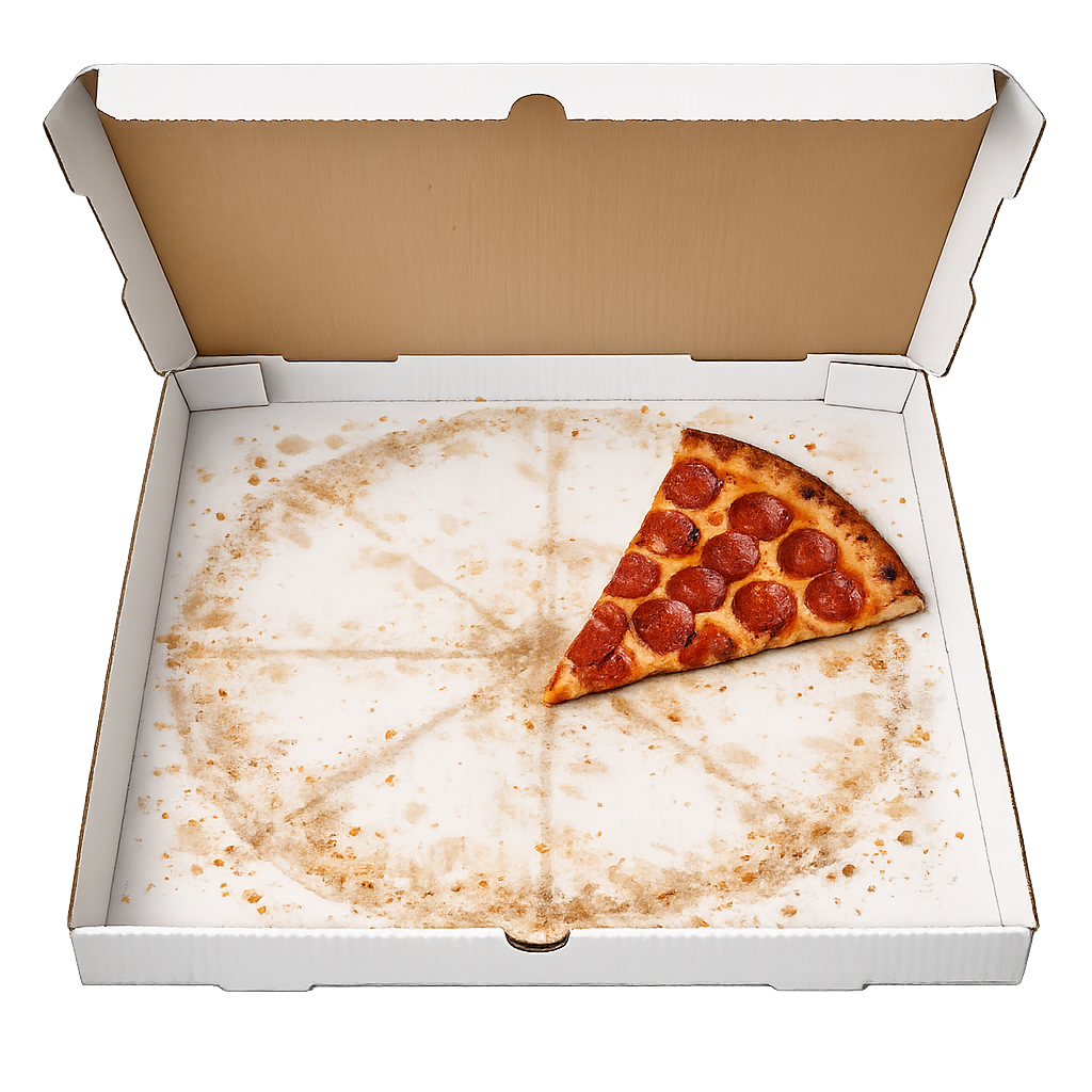 Open pizza box with one slice left